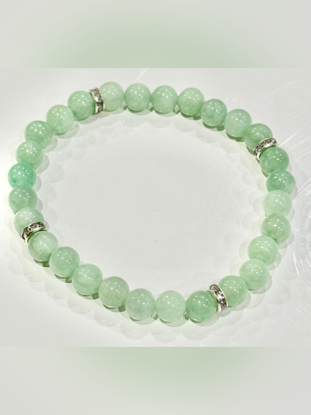 6mm Mint Green Jade Beaded Stretch Bracelet with Rhinestone Accents
